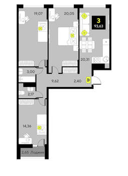 3-к квартира, сданный дом, 90м2, 9/17 этаж