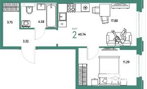 2-к квартира, вторичка, 41м2, 6/25 этаж