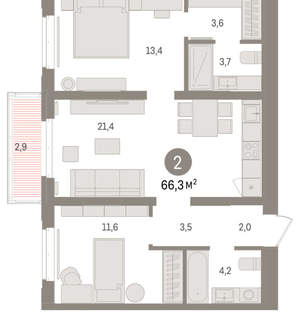 2-к квартира, вторичка, 66м2, 5/16 этаж
