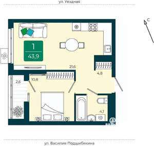 1-к квартира, вторичка, 44м2, 3/9 этаж
