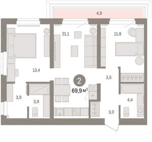 2-к квартира, вторичка, 70м2, 6/16 этаж