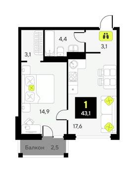 1-к квартира, вторичка, 43м2, 8/9 этаж