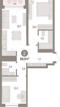 2-к квартира, вторичка, 70м2, 2/8 этаж