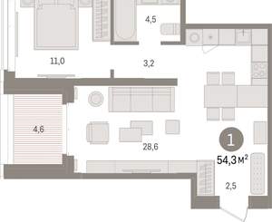 1-к квартира, вторичка, 54м2, 14/16 этаж