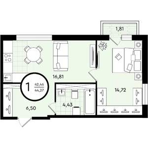 1-к квартира, строящийся дом, 44м2, 3/4 этаж