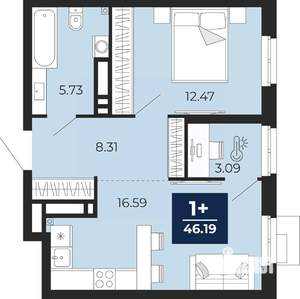 1-к квартира, вторичка, 46м2, 12/24 этаж