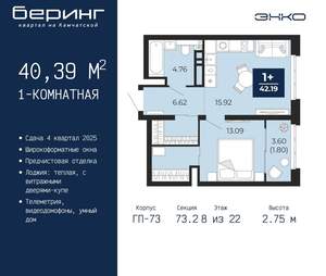 1-к квартира, вторичка, 40м2, 8/22 этаж