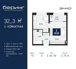 1-к квартира, вторичка, 32м2, 2/16 этаж