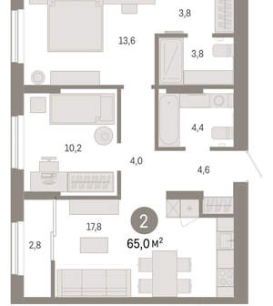 2-к квартира, вторичка, 65м2, 17/17 этаж