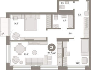 2-к квартира, вторичка, 71м2, 15/17 этаж