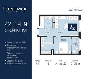 1-к квартира, вторичка, 42м2, 14/22 этаж