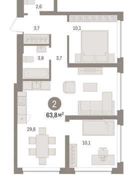 2-к квартира, вторичка, 64м2, 2/8 этаж