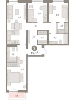 3-к квартира, вторичка, 96м2, 4/16 этаж