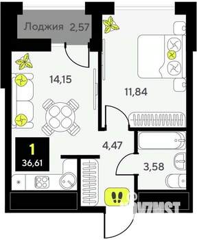 1-к квартира, вторичка, 37м2, 9/14 этаж