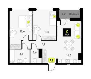2-к квартира, вторичка, 56м2, 3/7 этаж