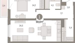 1-к квартира, вторичка, 60м2, 9/16 этаж