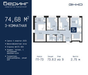 3-к квартира, вторичка, 75м2, 2/22 этаж