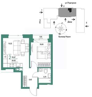 2-к квартира, строящийся дом, 36м2, 11/16 этаж