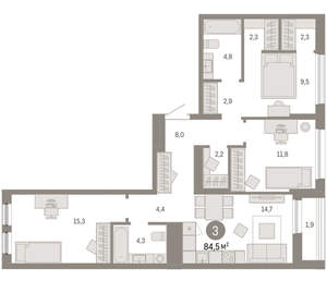 3-к квартира, вторичка, 84м2, 9/17 этаж