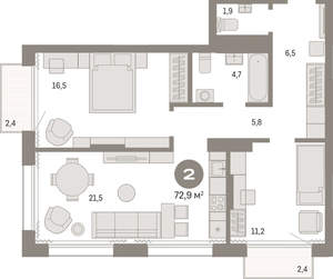 2-к квартира, вторичка, 73м2, 12/17 этаж