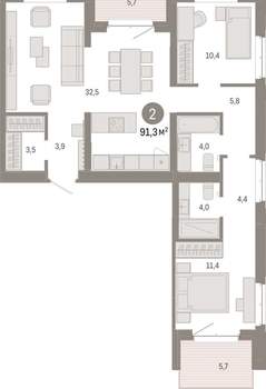 2-к квартира, вторичка, 91м2, 7/11 этаж