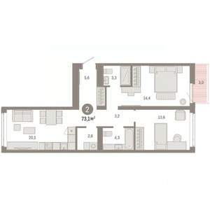 2-к квартира, вторичка, 73м2, 8/9 этаж