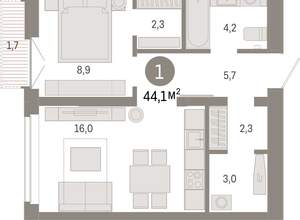 1-к квартира, вторичка, 44м2, 6/16 этаж