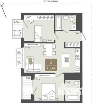 2-к квартира, вторичка, 62м2, 11/15 этаж
