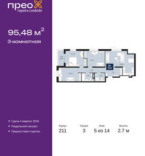 3-к квартира, вторичка, 95м2, 5/21 этаж