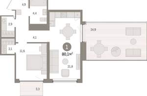 1-к квартира, вторичка, 80м2, 5/9 этаж