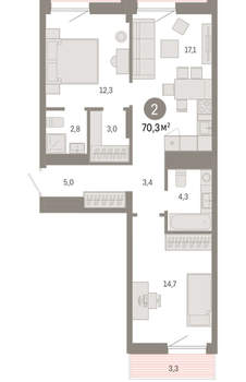 2-к квартира, вторичка, 70м2, 4/17 этаж