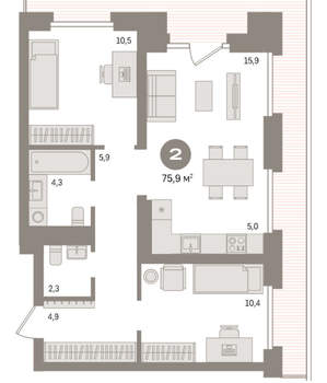 2-к квартира, вторичка, 76м2, 6/9 этаж