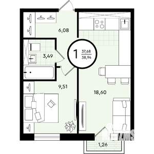 1-к квартира, вторичка, 39м2, 4/4 этаж