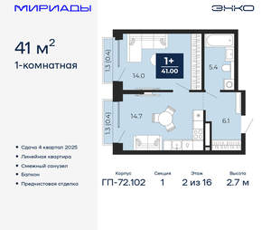 1-к квартира, вторичка, 41м2, 2/16 этаж