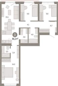 3-к квартира, вторичка, 91м2, 6/11 этаж