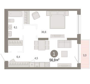 1-к квартира, вторичка, 57м2, 2/17 этаж