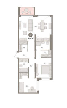 2-к квартира, вторичка, 91м2, 4/8 этаж