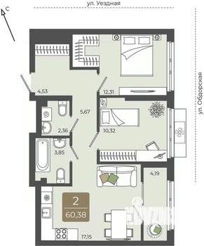 2-к квартира, вторичка, 60м2, 2/15 этаж