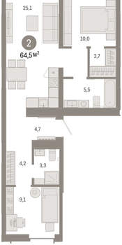 2-к квартира, вторичка, 64м2, 2/16 этаж