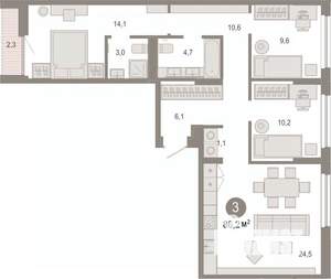 3-к квартира, вторичка, 86м2, 4/7 этаж