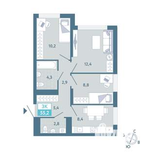 2-к квартира, вторичка, 55м2, 16/25 этаж