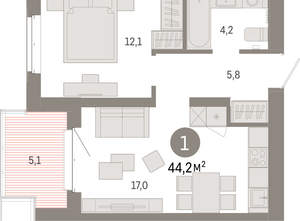 1-к квартира, вторичка, 44м2, 4/11 этаж