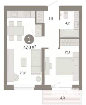 1-к квартира, вторичка, 47м2, 3/11 этаж