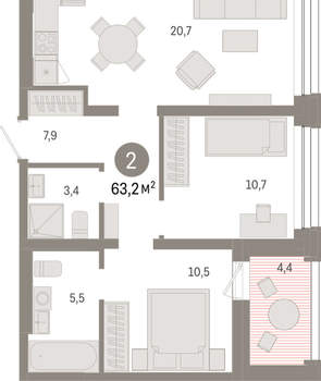 2-к квартира, вторичка, 63м2, 6/8 этаж