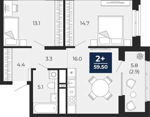 2-к квартира, вторичка, 57м2, 11/18 этаж