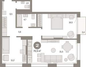 2-к квартира, вторичка, 71м2, 14/17 этаж