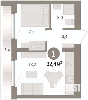 1-к квартира, вторичка, 32м2, 7/8 этаж