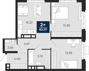2-к квартира, вторичка, 62м2, 16/24 этаж