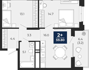 2-к квартира, вторичка, 60м2, 15/18 этаж