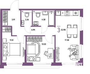 3-к квартира, вторичка, 53м2, 16/25 этаж